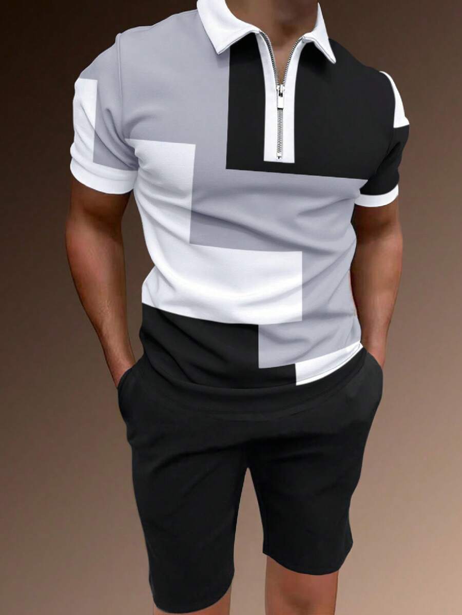 Manfinity Homme 男士撞色POLO衫&短褲 - 彩色 - 查看 1