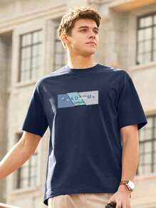 Men Slogan Graphic Tee - Navy Blue - View 1
