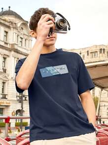 Men Slogan Graphic Tee - Navy Blue - View 3
