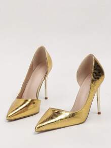 魅力四射金色高跟鞋適用於女士金屬質感蛇皮壓花尖頭細跟淺口高跟鞋 - 金色 - 查看 1