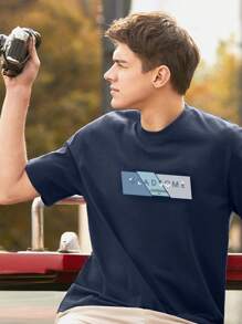 Men Slogan Graphic Tee - Navy Blue - View 4