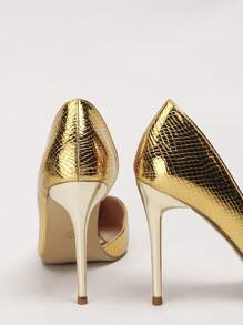 魅力四射金色高跟鞋適用於女士金屬質感蛇皮壓花尖頭細跟淺口高跟鞋 - 金色 - 查看 2