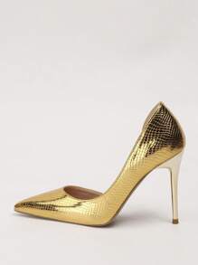 魅力四射金色高跟鞋適用於女士金屬質感蛇皮壓花尖頭細跟淺口高跟鞋 - 金色 - 查看 4