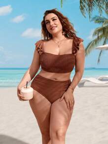 SHEIN Swim Curve Conjunto de bikini con parte superior e inferior con volantes y fruncido para tallas grandes, traje de baño para la playa de verano - Marrón - Ver 6