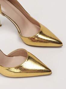 魅力四射金色高跟鞋適用於女士金屬質感蛇皮壓花尖頭細跟淺口高跟鞋 - 金色 - 查看 5
