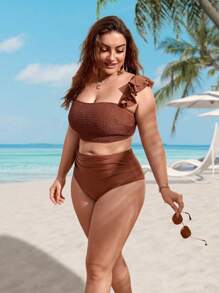 SHEIN Swim Curve Conjunto de bikini con parte superior e inferior con volantes y fruncido para tallas grandes, traje de baño para la playa de verano - Marrón - Ver 7