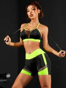 Yoga Futuristic Colorblock Contrast Mesh Sports Set - Multicolor - View 4