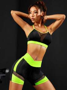 Yoga Futuristic Colorblock Contrast Mesh Sports Set - Multicolor - View 5
