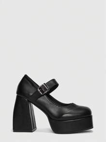 ROMWE Avant 女士搭扣裝飾方頭防水台粗跟優雅黑色瑪麗珍淺口皮鞋適用於戶外 - 黑色 - 查看 1