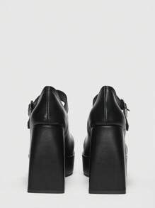 ROMWE Avant 女士搭扣裝飾方頭防水台粗跟優雅黑色瑪麗珍淺口皮鞋適用於戶外 - 黑色 - 查看 3