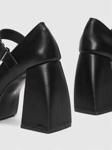 ROMWE Avant 女士搭扣裝飾方頭防水台粗跟優雅黑色瑪麗珍淺口皮鞋適用於戶外 - 黑色 - 查看 4