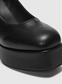 ROMWE Avant 女士搭扣裝飾方頭防水台粗跟優雅黑色瑪麗珍淺口皮鞋適用於戶外 - 黑色 - 查看 5