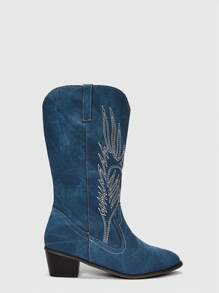 ROMWE Hippie Women Embroidery Detail Chunky Heeled Western Boots, Cool Outdoor Cowboy Boots - Màu xanh lam - Xem 1