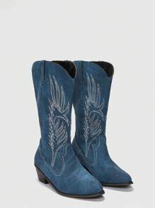 ROMWE Hippie Women Embroidery Detail Chunky Heeled Western Boots, Cool Outdoor Cowboy Boots - Màu xanh lam - Xem 2