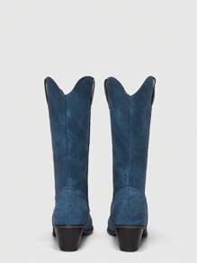 ROMWE Hippie Women Embroidery Detail Chunky Heeled Western Boots, Cool Outdoor Cowboy Boots - Màu xanh lam - Xem 3