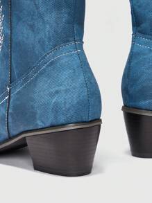 ROMWE Hippie Women Embroidery Detail Chunky Heeled Western Boots, Cool Outdoor Cowboy Boots - Màu xanh lam - Xem 4