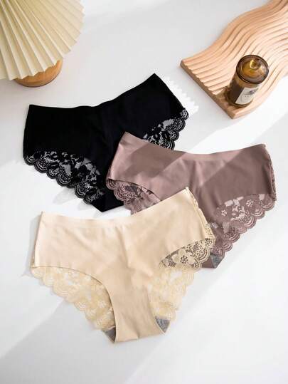 3pcs Contrast Lace Scallop Trim Brief Lingerie