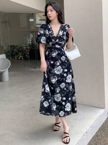 DAZY 印花泡泡袖連衣裙 - 黑與白 - 查看 1