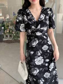 DAZY 印花泡泡袖連衣裙 - 黑與白 - 查看 3