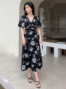 DAZY 印花泡泡袖連衣裙 - 黑與白 - 查看 4