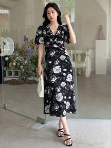 DAZY 印花泡泡袖連衣裙 - 黑與白 - 查看 5