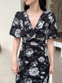 DAZY 印花泡泡袖連衣裙 - 黑與白 - 查看 6