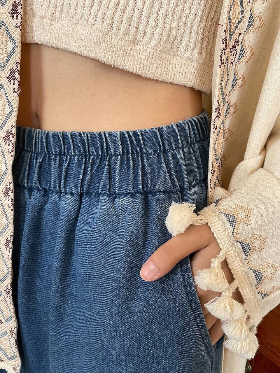 Elastic Waist Wide Leg Jeans,Baggy Jeans