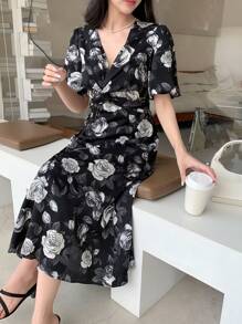 DAZY 印花泡泡袖連衣裙 - 黑與白 - 查看 7