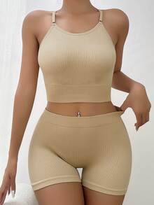 素色螺紋針織內衣套裝 - 杏色 - 查看 3