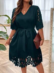 SHEIN Clasi Plus Laser Cut Out Belted Dress - Teal Blue - View 1