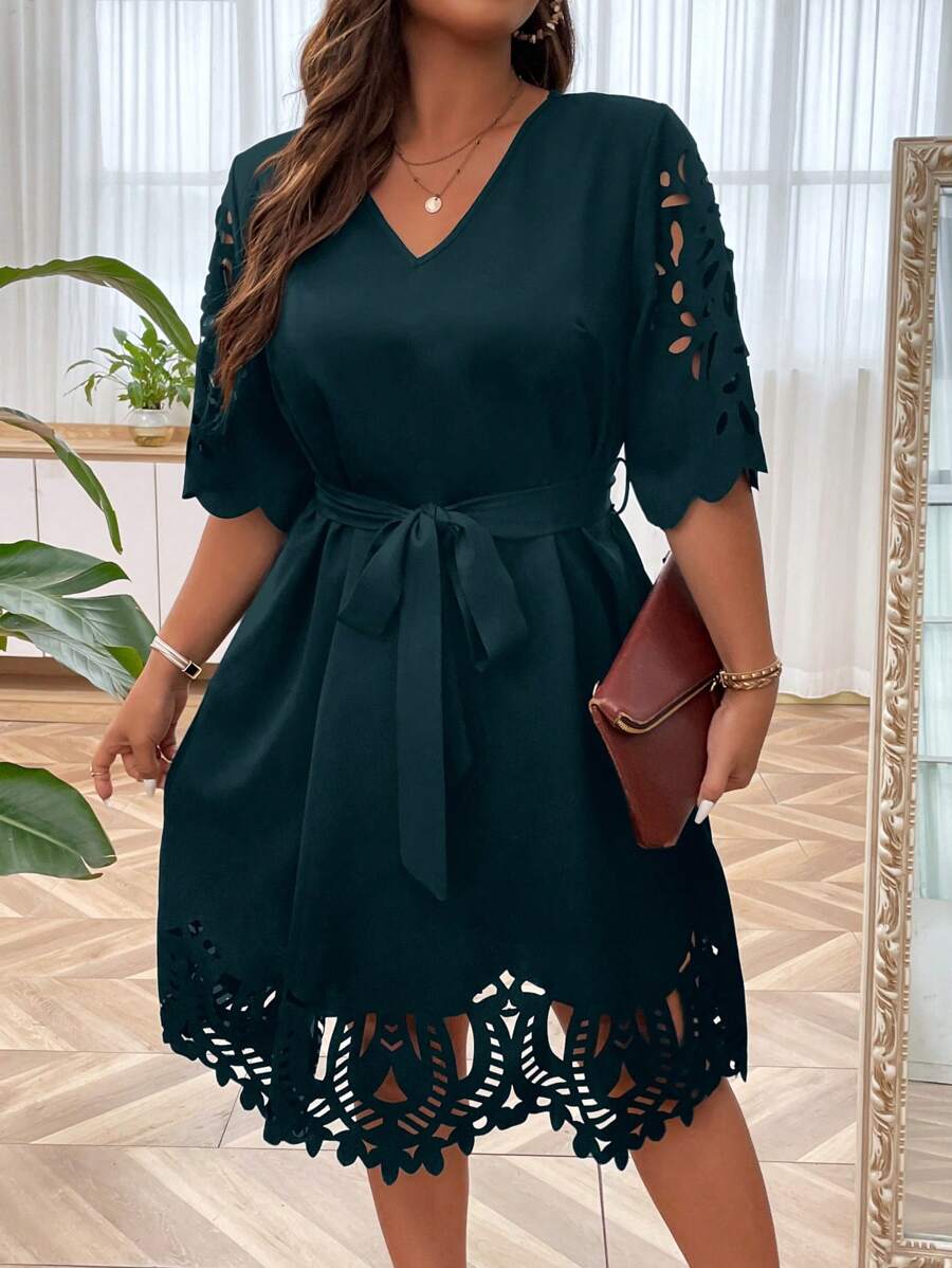 SHEIN Clasi Plus Laser Cut Out Belted Dress - Teal Blue - View 1