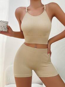 素色螺紋針織內衣套裝 - 杏色 - 查看 5