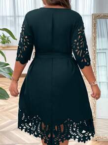 SHEIN Clasi Plus Laser Cut Out Belted Dress - Teal Blue - View 2