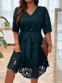 SHEIN Clasi Plus Laser Cut Out Belted Dress - Teal Blue - View 4