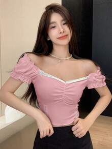 FRIFUL Contrast Color Lace Patchwork Pleated Detail Short Sleeve T-Shirt - Pink - View 2