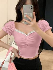 FRIFUL Contrast Color Lace Patchwork Pleated Detail Short Sleeve T-Shirt - Pink - View 3