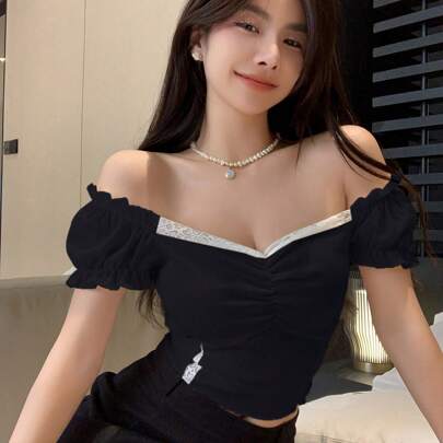 옷단 퍼즐 셔링 쇼트 티셔츠