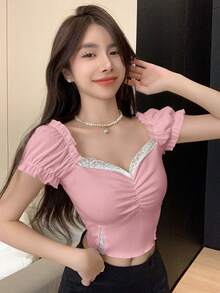 FRIFUL Contrast Color Lace Patchwork Pleated Detail Short Sleeve T-Shirt - Pink - View 4