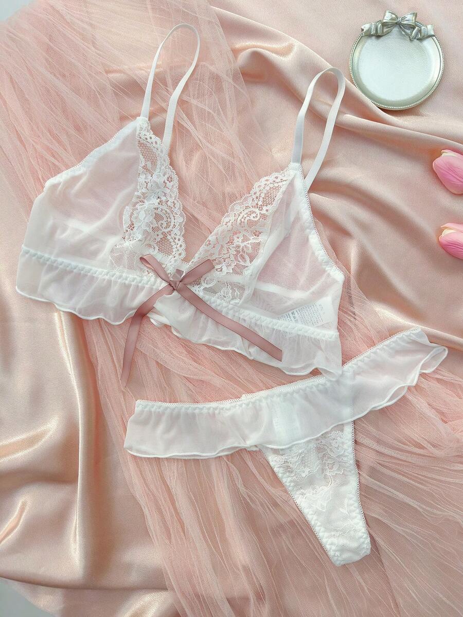 花卉蕾絲荷葉邊內衣套裝 - 白色 - 查看 1