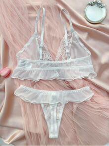 花卉蕾絲荷葉邊內衣套裝 - 白色 - 查看 2