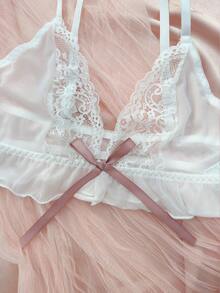 花卉蕾絲荷葉邊內衣套裝 - 白色 - 查看 3
