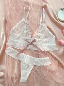 花卉蕾絲荷葉邊內衣套裝 - 白色 - 查看 4