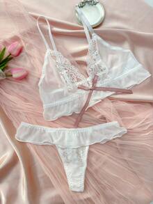花卉蕾絲荷葉邊內衣套裝 - 白色 - 查看 5