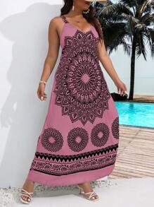SHEIN Holidaya 大碼曼陀羅印花吊帶連衣裙 - 藕粉色 - 查看 3
