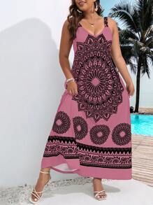 SHEIN Holidaya 大碼曼陀羅印花吊帶連衣裙 - 藕粉色 - 查看 4