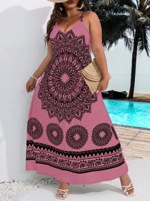 SHEIN Holidaya 大碼曼陀羅印花吊帶連衣裙 - 藕粉色 - 查看 5