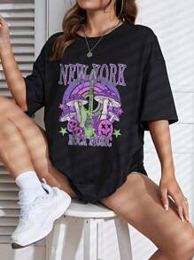 SHEIN EZwear Đàn ghi ta & Đồ họa Chữ cái Áo thun Thả vai - màu đen - Xem 1