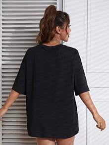 SHEIN EZwear Đàn ghi ta & Đồ họa Chữ cái Áo thun Thả vai - màu đen - Xem 2