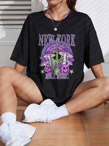 SHEIN EZwear Đàn ghi ta & Đồ họa Chữ cái Áo thun Thả vai - màu đen - Xem 3