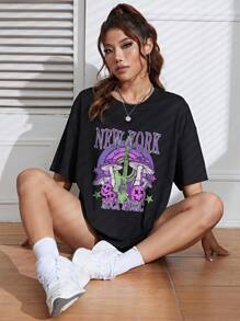 SHEIN EZwear Đàn ghi ta & Đồ họa Chữ cái Áo thun Thả vai - màu đen - Xem 4